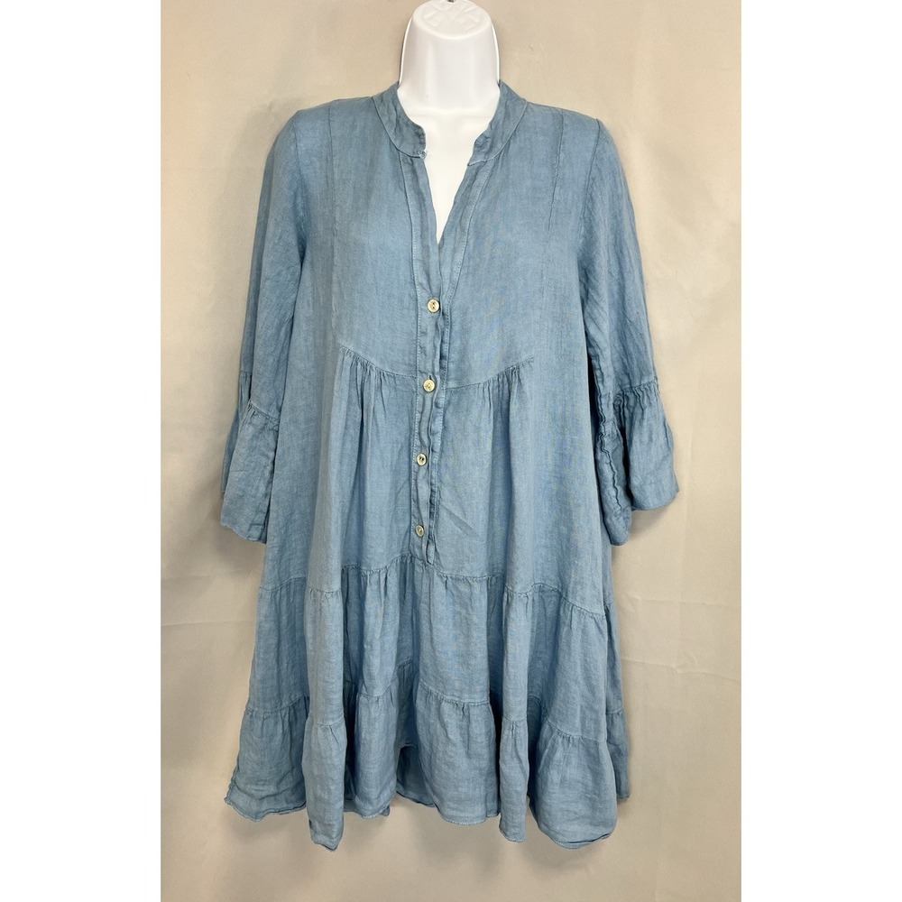 Tempo Paris Linen Dress S/M  Blue Tiered Boho Flowy‎ Lagenlook Beach Layer